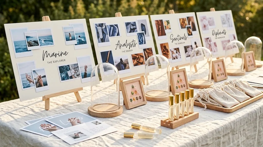 Le bar Sillage Express vu de profil : moodboards sur chevalets, cloches en verre, flacons, pochons en lin et cartes postales personnalisées