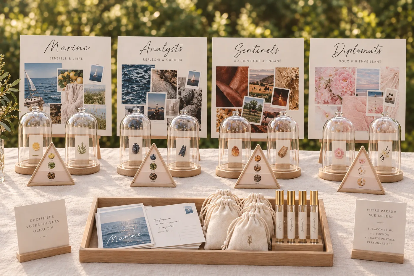 Le bar à parfums Sillage Express : moodboards, cloches en verre, flacons de 10 ml, pochons en lin et cartes personnalisées